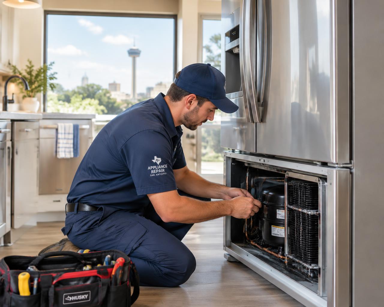 Technician repairing a refrigerator in a San Antonio kitchen